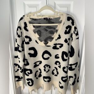 Amaryllis Black and Cream Leopard V-Neck Sweater